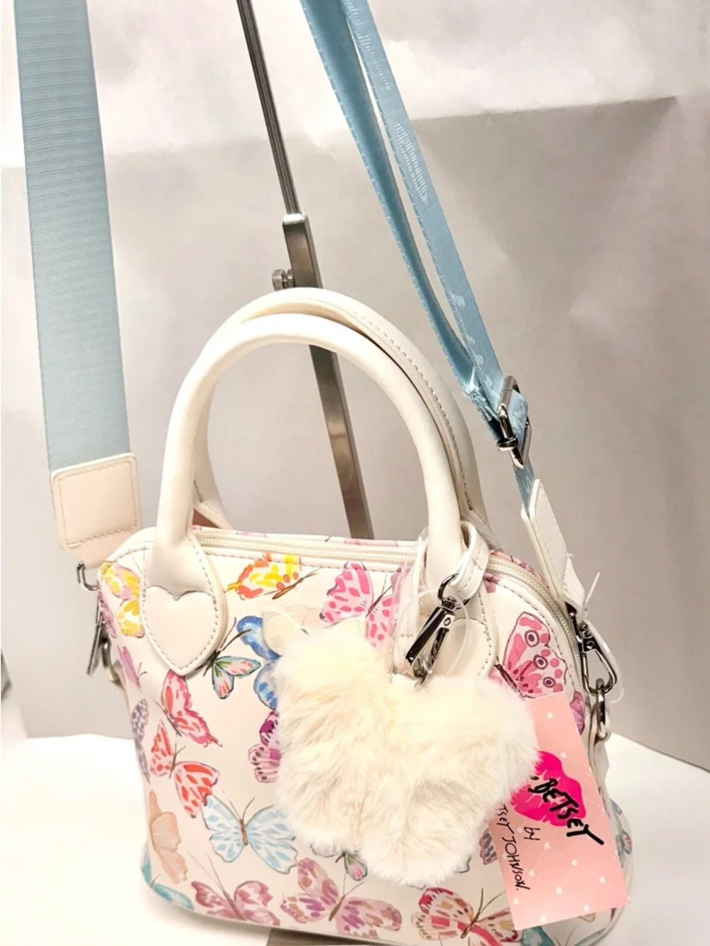 Betsey Johnson White Butterfly Print Satchel Bag with Heart Charm NWT